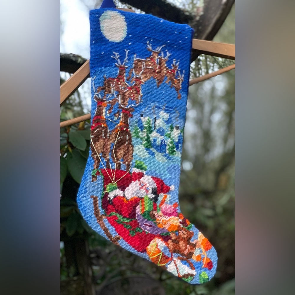 Christmas Stocking Embroidered Needlepoint Santa & Deer 1990s Bucilla